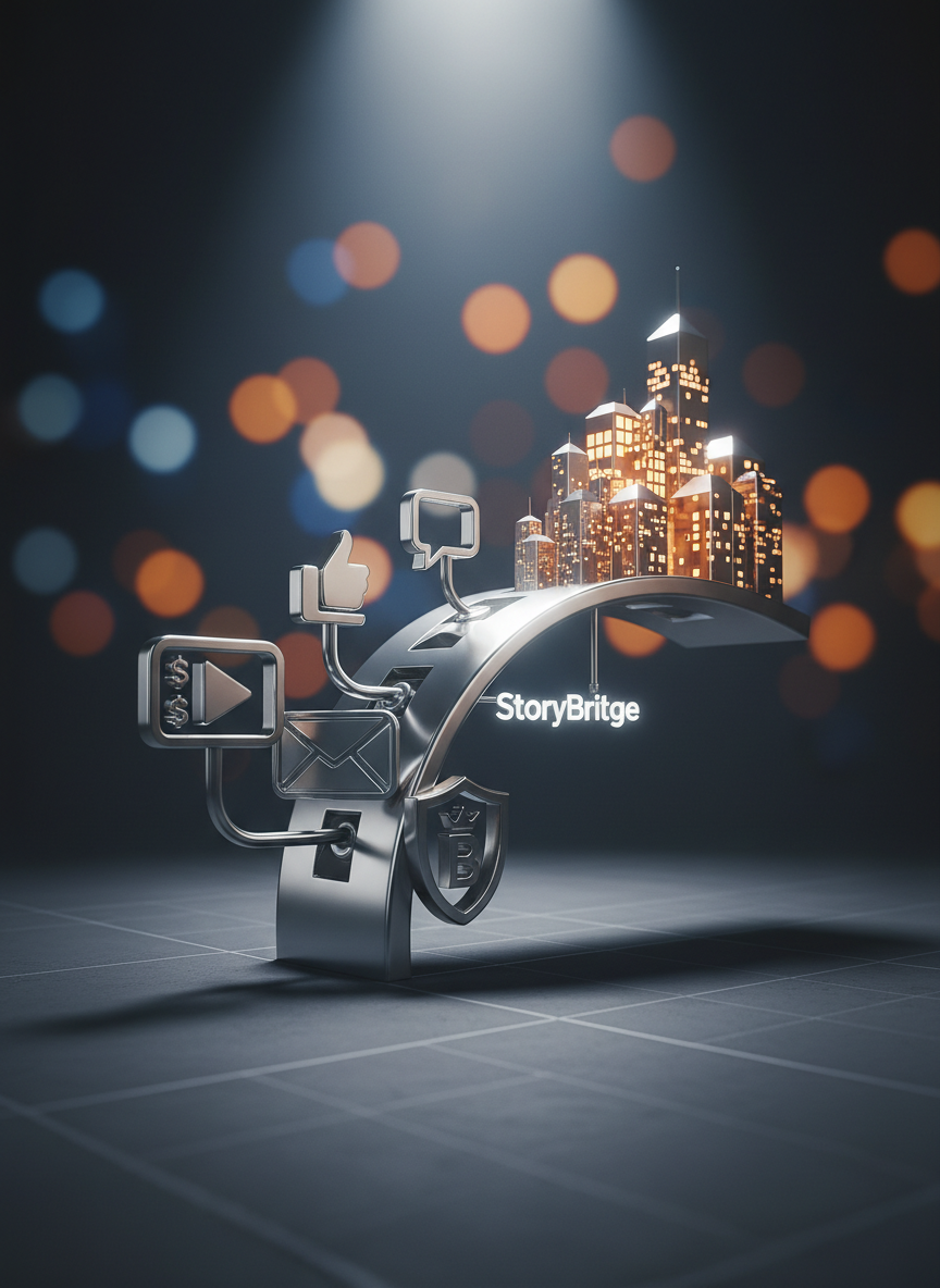 A close-up, cinematic photograph of a metallic, bridge-like sculpture formed from glossy icons representing digital ads, social media, email, and branding elements, all flowing toward a cluster of illuminated city-shaped blocks symbolizing business growth. The sculpture rests on a charcoal-gray surface with faint etched grid lines like a marketing roadmap. A spotlight from above creates striking highlights and deep shadows, amplifying the bold, conceptual mood. The background fades into soft bokeh lights in corporate blues and oranges. Shot from a low angle with shallow depth of field, this photographic, highly stylized image visually represents StoryBridge as a bridge between brands and their B2B customers.