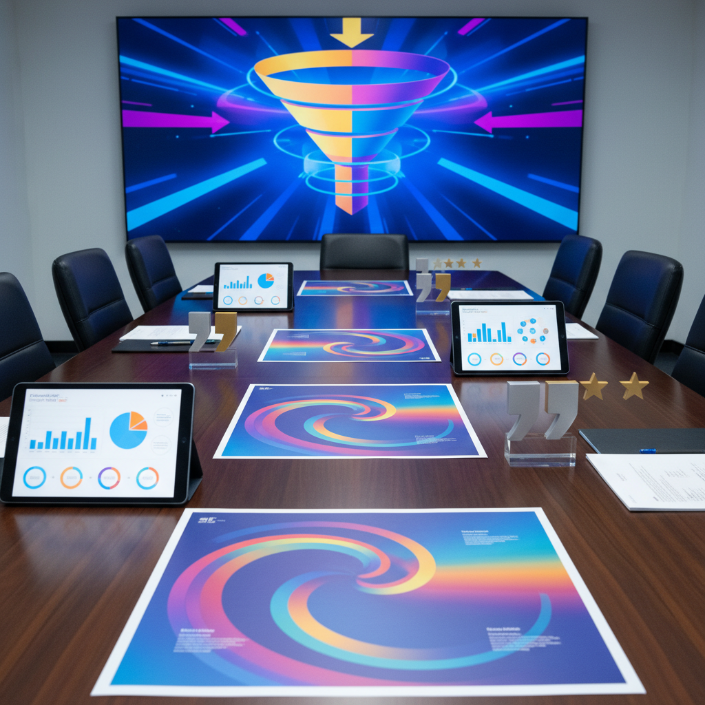 A long, dark-wood conference table covered with oversized printed campaign mockups, color-saturated charts, and tablet devices showing visual case study overviews for different industries, all without legible text or people. Minimalist acrylic stands display stylized testimonial quote shapes and five-point star icons as visual metaphors for client praise. In the background, a large wall-mounted screen shows a vibrant marketing funnel diagram. Cool, even studio lighting ensures sharp focus and clarity across the entire scene. Captured from a slightly elevated angle with strong leading lines down the table, the photographic image feels bold, organized, and perfectly suited to a portfolio or case study section for B2B marketing clients.